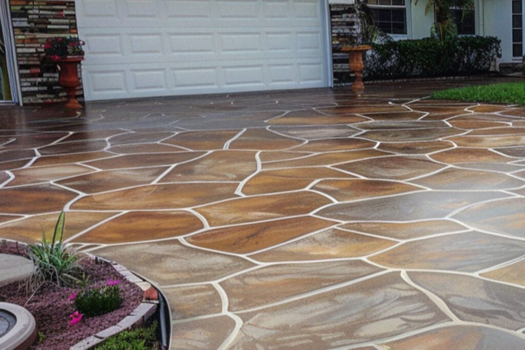 A stamped concrete, stained and painted driveway